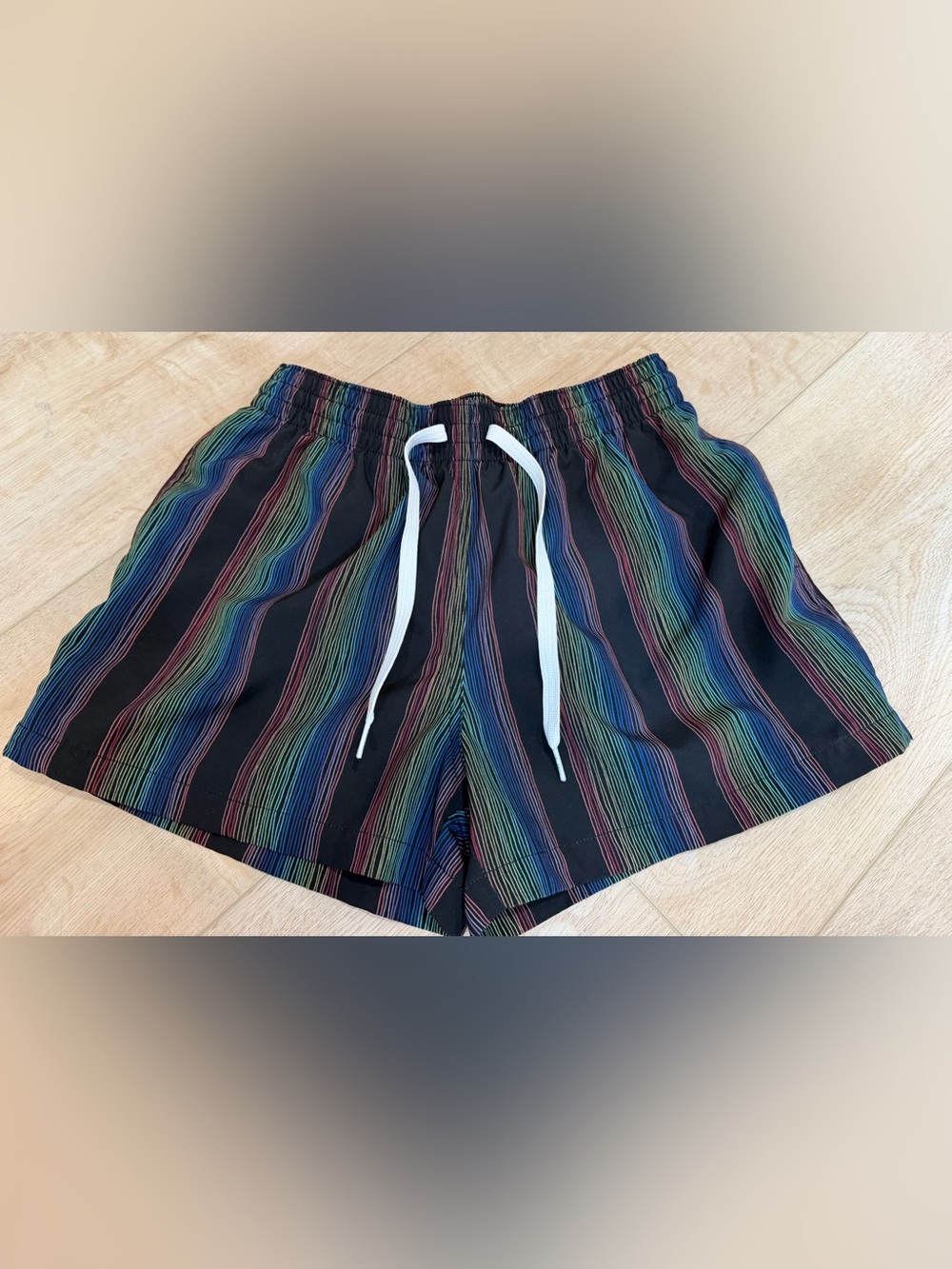 Chubbies Shorts Swim Trunks Rainbow Stripe Swim Panaorama Small 4” Inseam Black